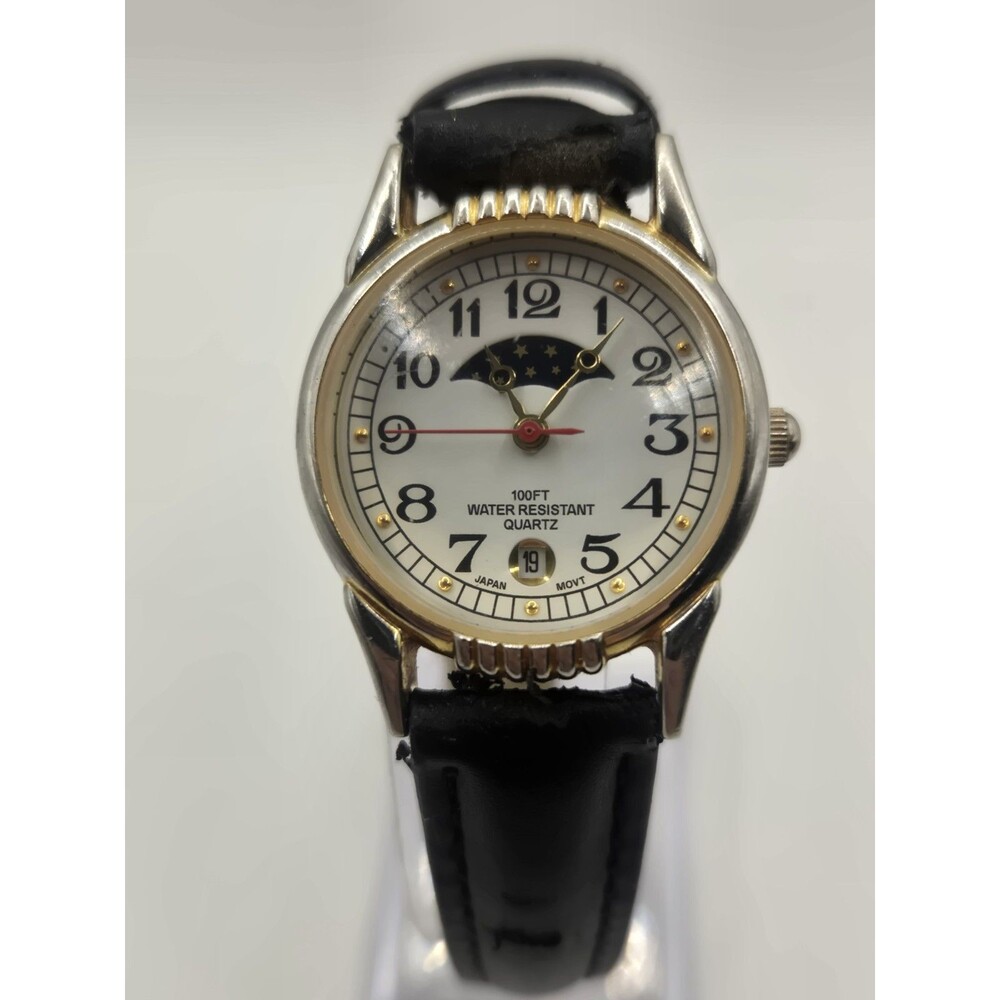 Moonphase 27mm White Dial Black 7.25" Band Ladies' Watch. Date. New Battery